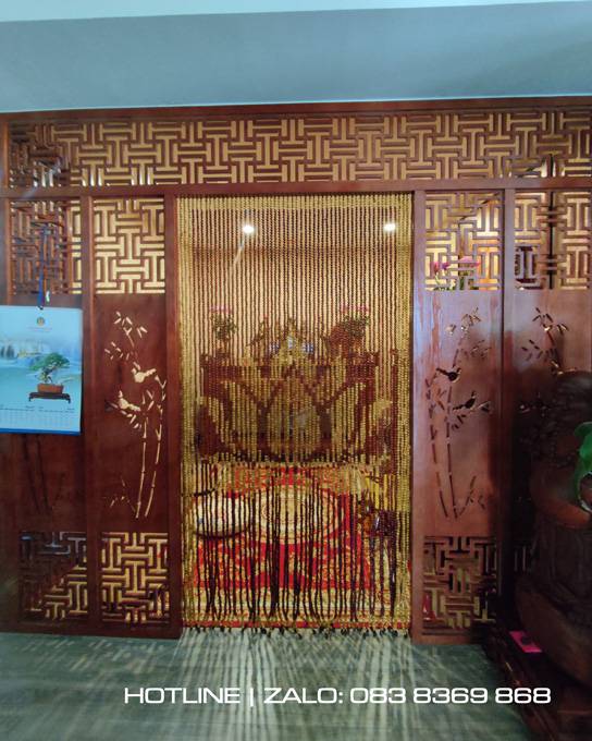 Rèm hạt gỗ Hương tại phòng khách mẫu Hoa Sen Pomu