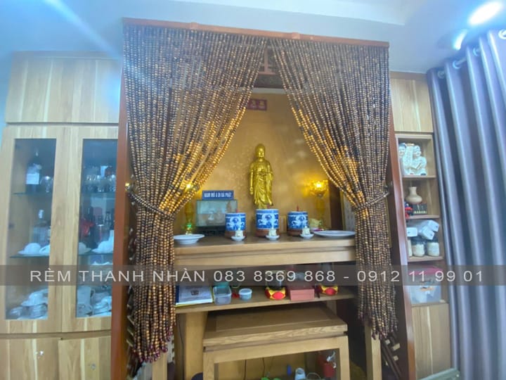 Rèm phong thủy hạt gỗ Bách Xanh mẫu Hoa Sen Pơ Mu