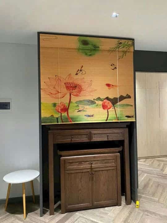 Mành tăm Trúc in tranh nghệ thuật – Trang trí phòng thiền, spa, thờ 22 Mành tăn in tranh trong nội thất