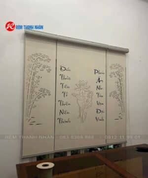 Mẫu rèm laser phòng thờ đẹp LZ242 – Hoa Sen & Câu Đối