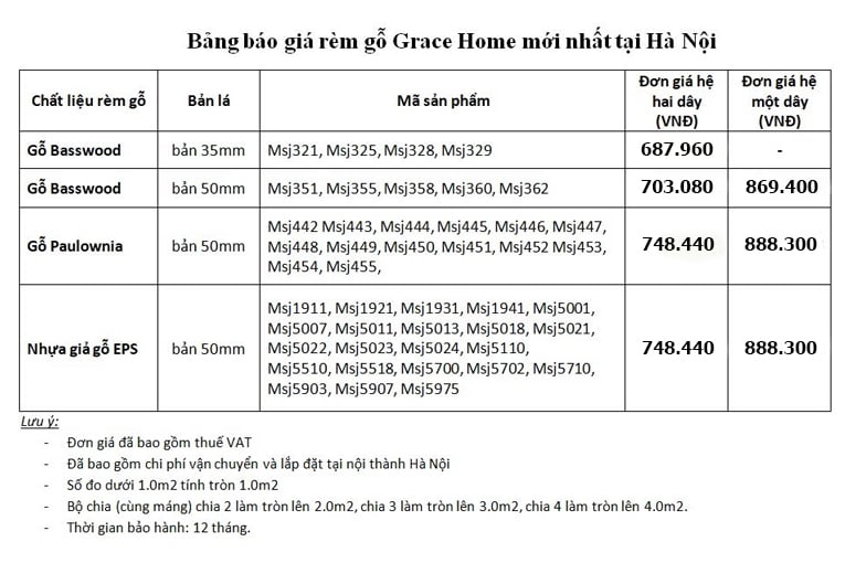 Báo giá rèm gỗ Grace Home hệ 1 dây & hệ 2 dây