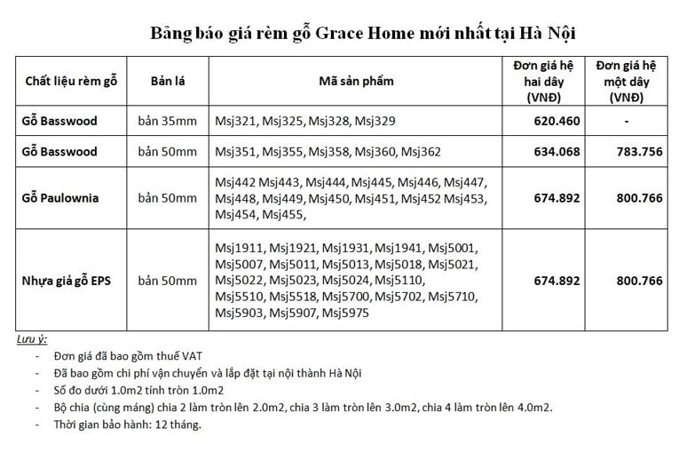 Báo giá rèm gỗ Grace Home hệ 1 dây & hệ 2 dây