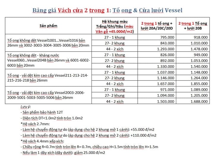 Giá Vách ngăn tổ ong và Cửa lưới Vessel năm 2026 5 Bảng giá rèm vách tổ ong 2 trong 1 Vessel 2026