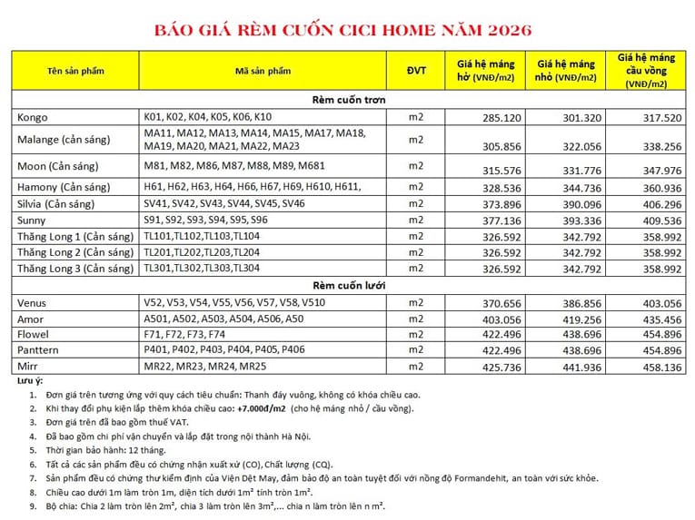 Giá rèm cuốn Cici Home bao nhiêu tiền? Bảng giá chi tiết