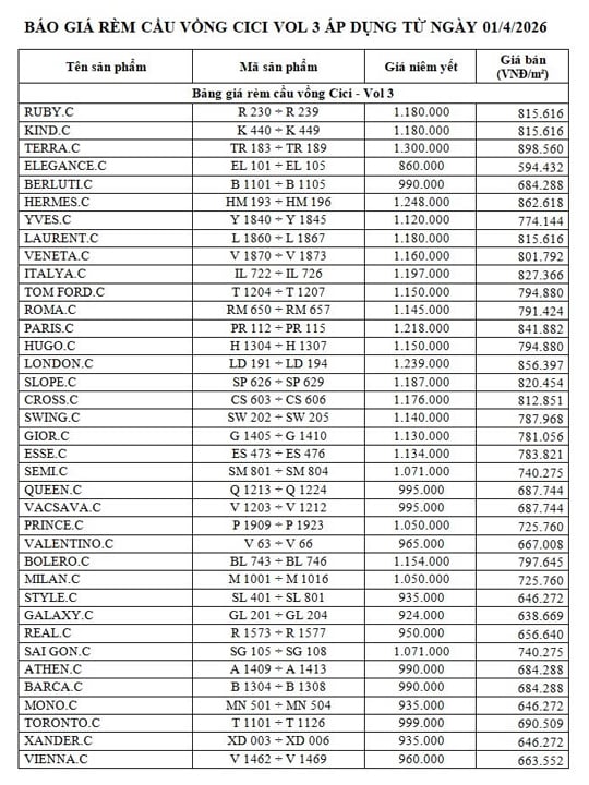 Báo giá rèm cầu vồng Cici Home Vol.3 tại Hà Nội mới nhất 2026