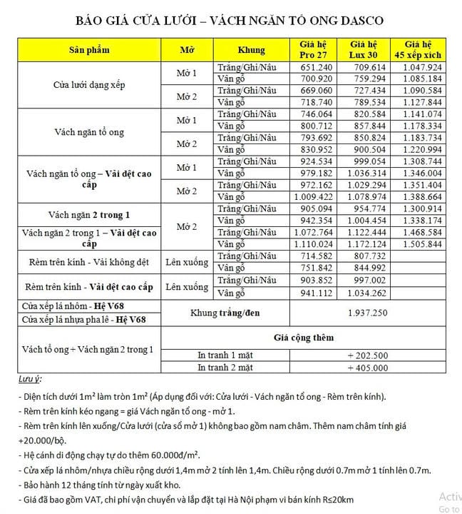 Giá cửa lưới, vách ngăn tổ ong Dasco mới nhất 2026