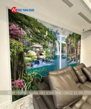 Rèm tổ ong in tranh hệ 27 Pro mở 2 bên | Vách ngăn phòng khách đẹp