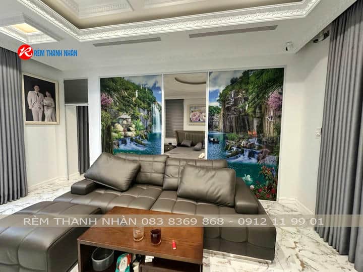 Rèm tổ ong in tranh hệ 27 Pro mở 2 bên | Vách ngăn phòng khách đẹp 14 Vách ngăn rèm tổ Ong in tranh hệ 27 Pro